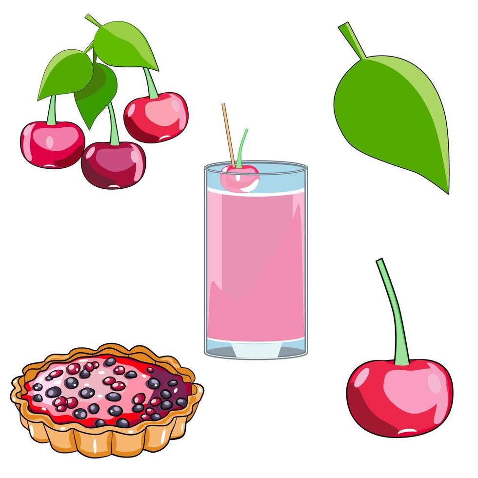 Food set with cherries, cherry cocktail and cherry pie in flat technique vector