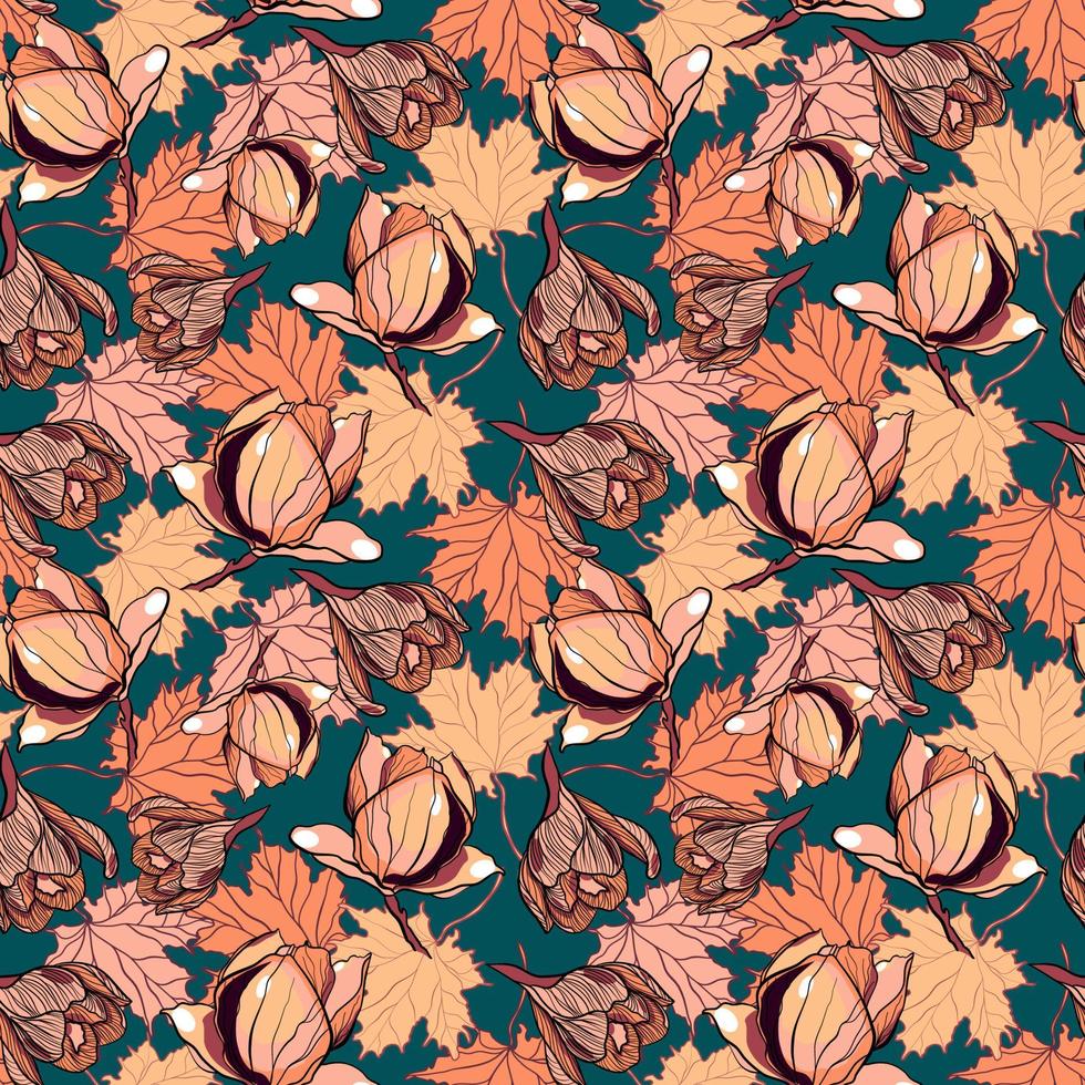 Seamless botanical pattern with magnolia flowers and autumn maple and oak leaves vector