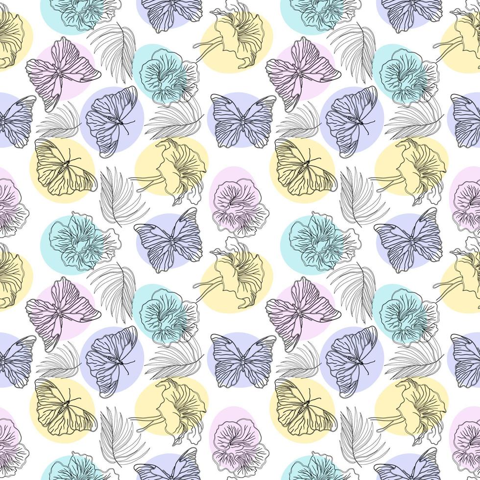 Seamless botanical pattern with butterflies, tropical leaves, and hibiscus flowers in doodle technique vector