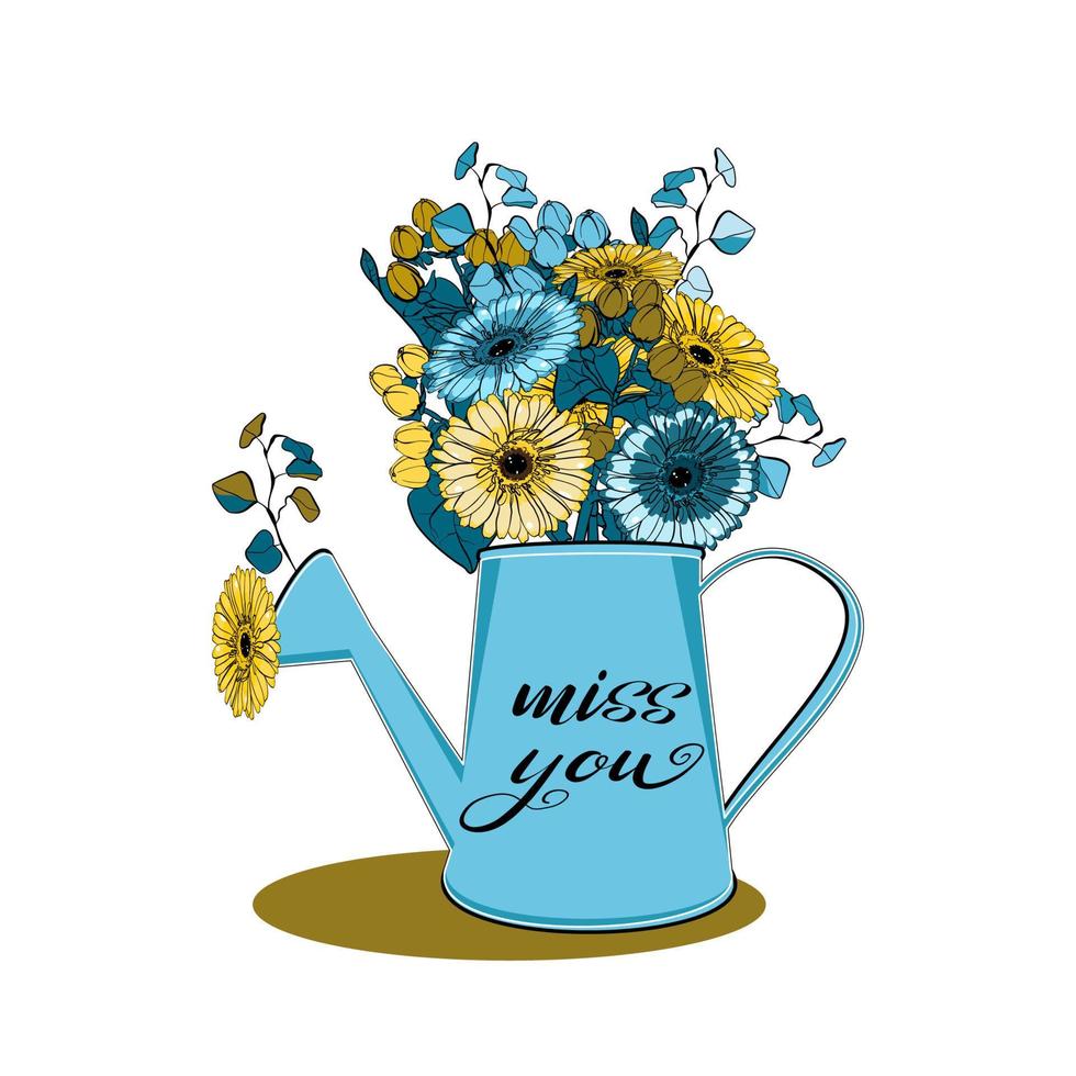 Watering can with bouquet of gerbera flowers and eucalyptus and text miss you vector