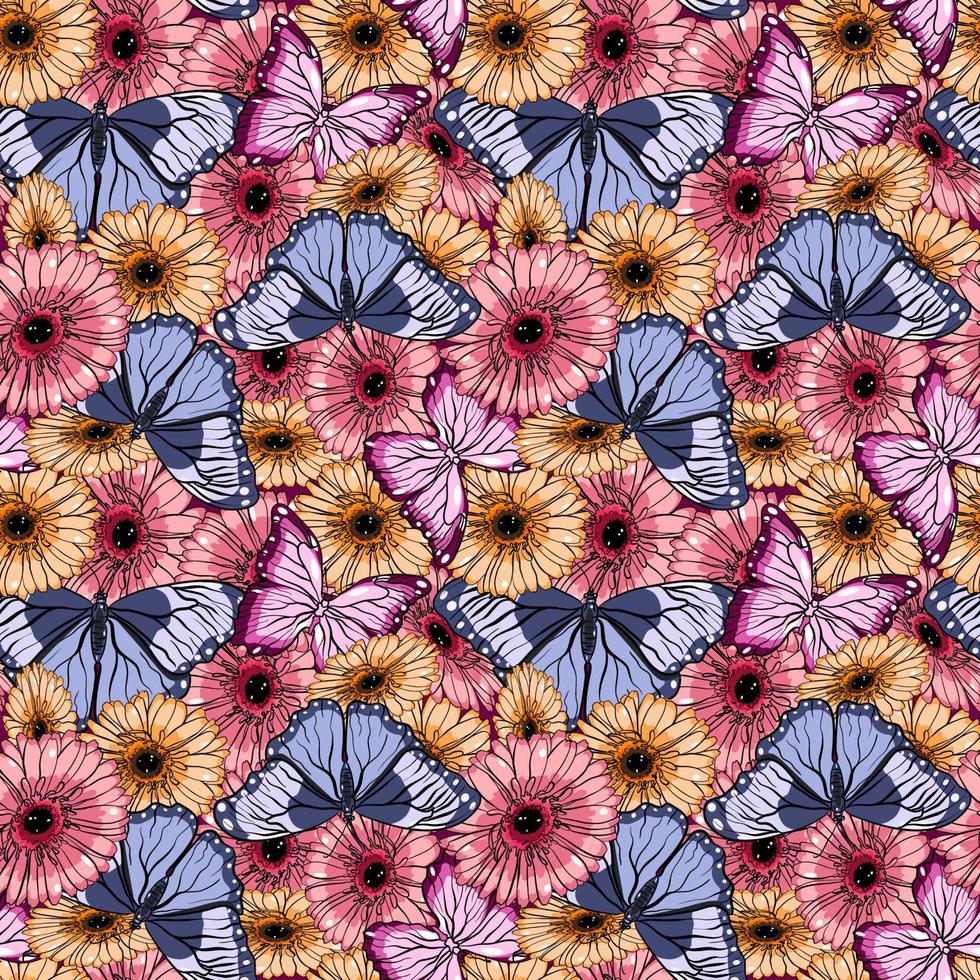 Seamless pattern with gerbera flowers and butterflies vector