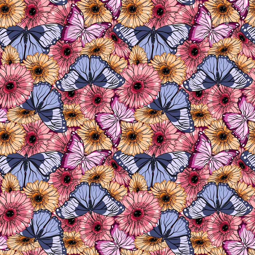 Seamless pattern with gerbera flowers and butterflies vector