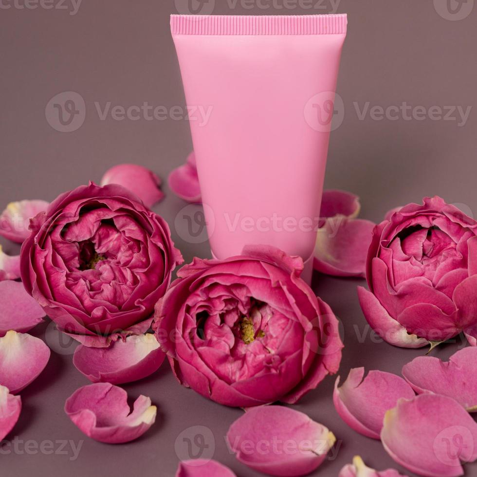 Pink blooming roses and face cream on pastel pink background. Romantic skincare floral frame. Copy space. Mockup photo