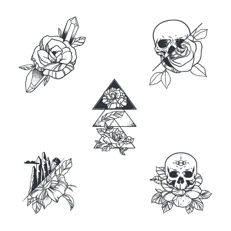 Minimalist Tattoo Floral Drawing Theme And Concept Sticker Set vector