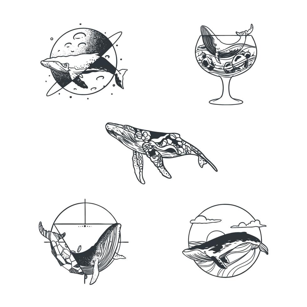 Minimalist Tattoo Whale Concept Sticker Set vector