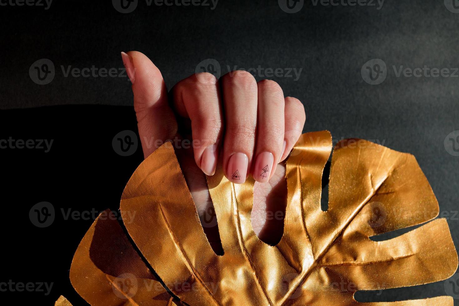 woman hand with ethnic manicure holding gold leaf of monstera. Black background photo