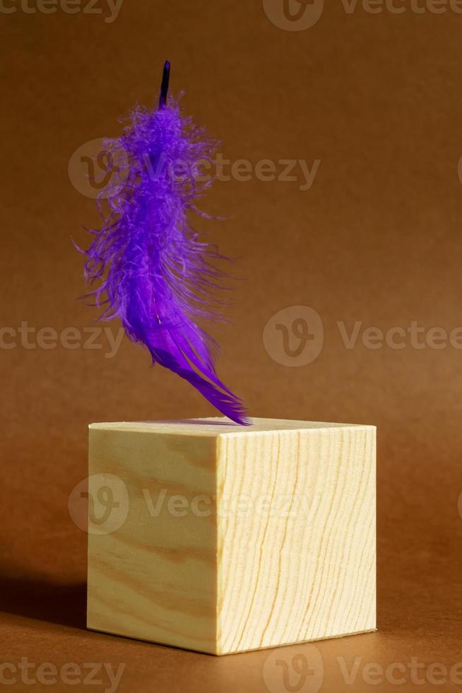 Trendy concept - purple feather levitation over wooden cube on brown background. Geometric shape and fluffy neon feather. photo