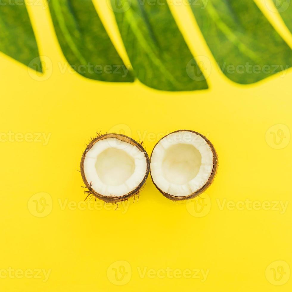 Bright tropical background with broken cocnut and monstera leaf, minimal flat lay photo
