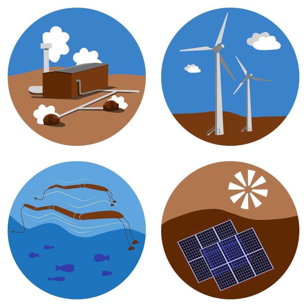 conjunto de iconos de fuentes de energía alternativas. sol, viento, agua, tierra electricidad ecológica. solar, ilustración de energía geotérmica de hidrógeno vector