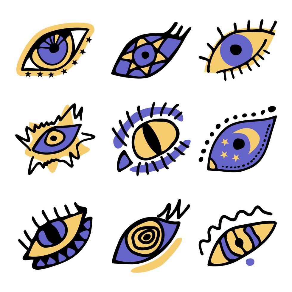 Set of color boho hand drawn magic evil doodle eyes. Collection of esoteric eye different shapes, cat eye, spiral, stars, moon elements vector illustration