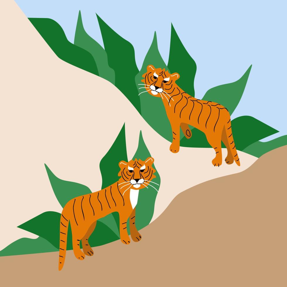 Two hand drawn wild tigers on abstract background with green leaves. Save wild animals poster, protect tigers from extinction. Kids style vector illustration