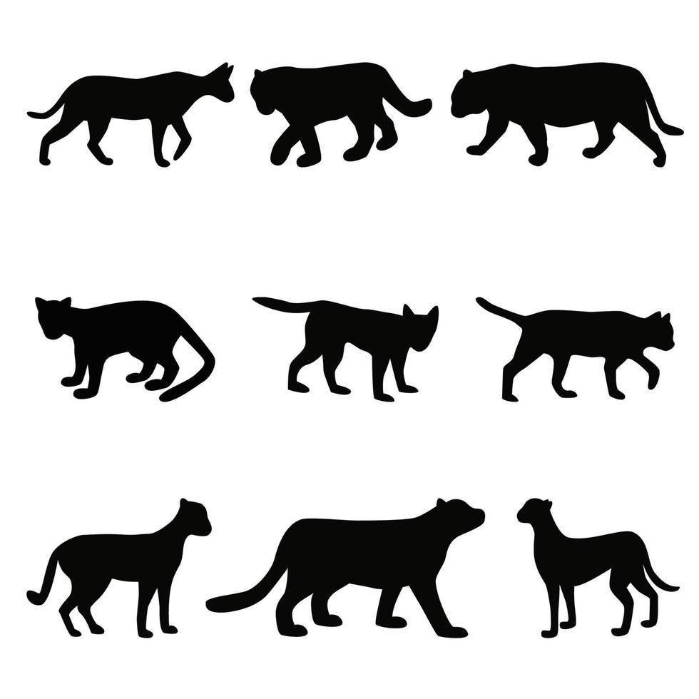 Collection of cat family black silhouettes, felines simple shapes set vector illustration