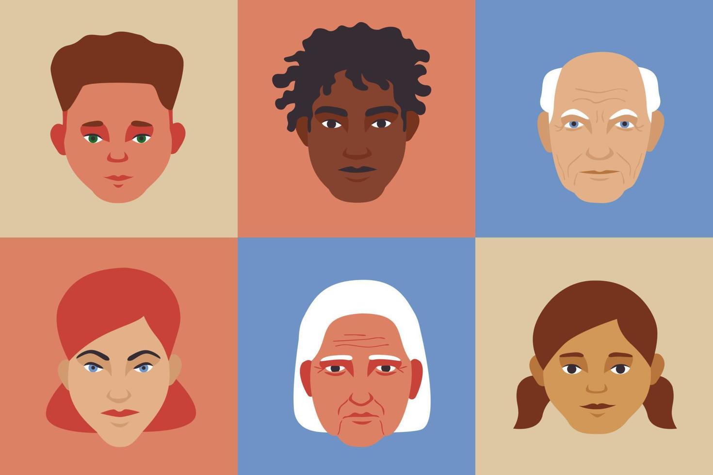 Set of diverse people face avatars on color square background. Different ethnic and age groups simple flat style vector illustration