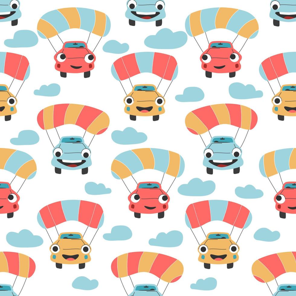 Children vector seamless pattern with kids funny cars flying on parachutes front view flat transport nursery textile toy vehicle vector illustration