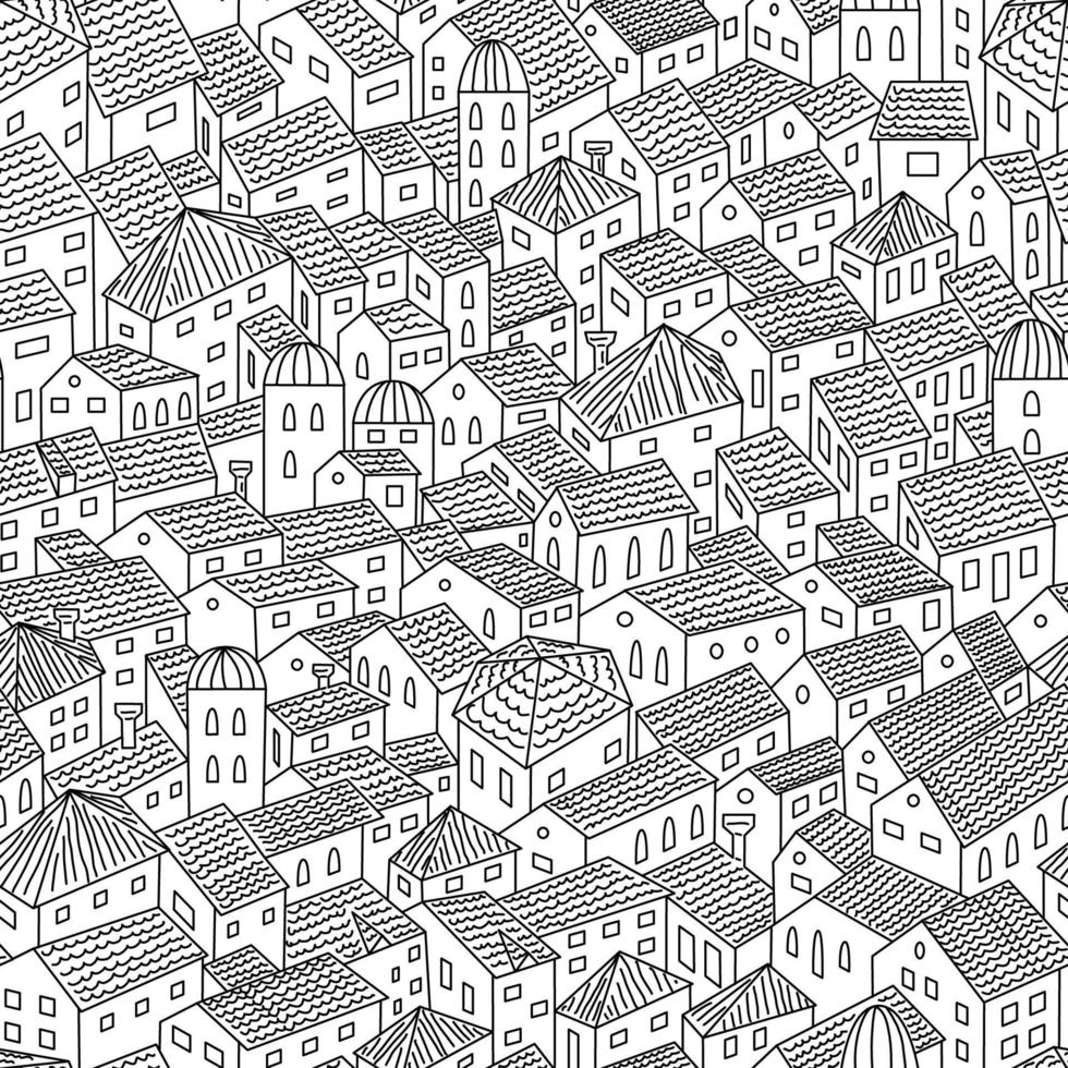 tejados de la ciudad antigua contorno vista superior patrón sin costuras, casas antiguas dibujadas a mano estilo garabato y torres de la ciudad contorno ilustración vectorial vector
