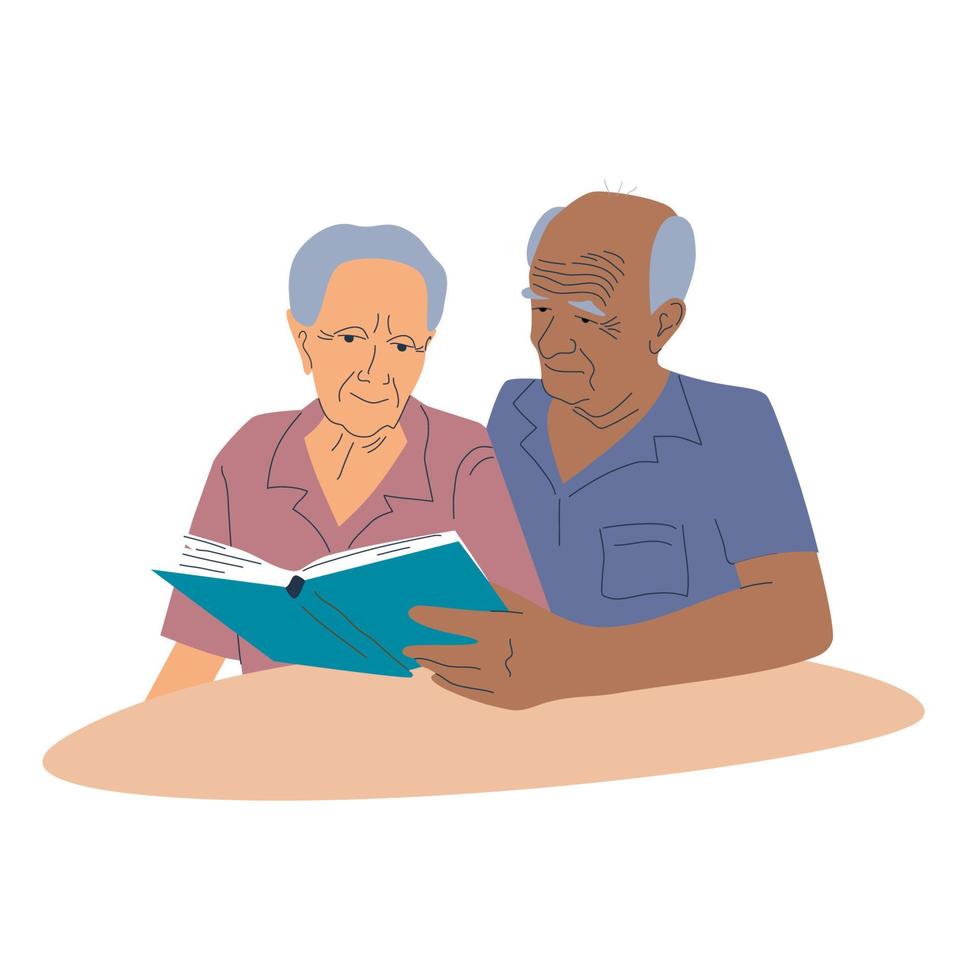 una pareja mayor sentada cerca de la mesa, un hombre calvo y una anciana leyendo un libro y pasando tiempo juntos ilustrando vectores