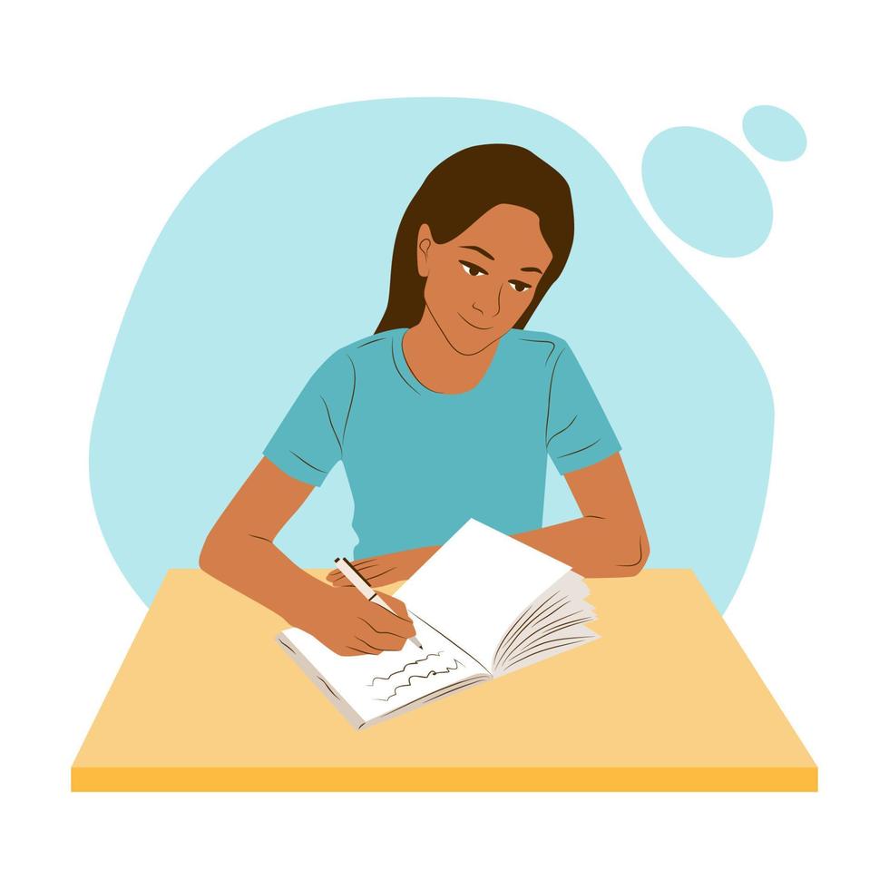 mujer sentada en una mesa o escritorio pensando y escribiendo notas en su diario o diario. niña trabaja o estudia concepto plano. práctica de salud mental femenina con ilustración de vector de bloc de notas