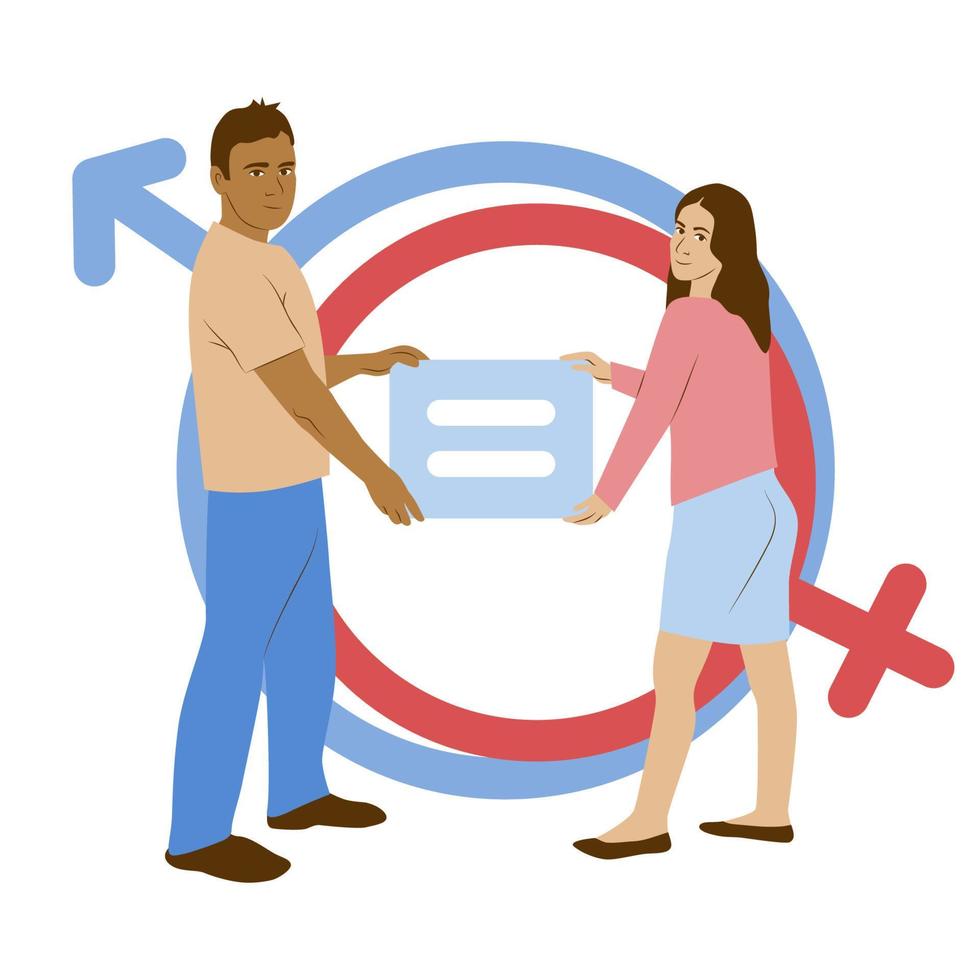 Gender equality concept. Man and woman characters holding a tablet of equal sign on background of symbols female and male as mars and venus. Diversity, tolerance and discrimination poster vector