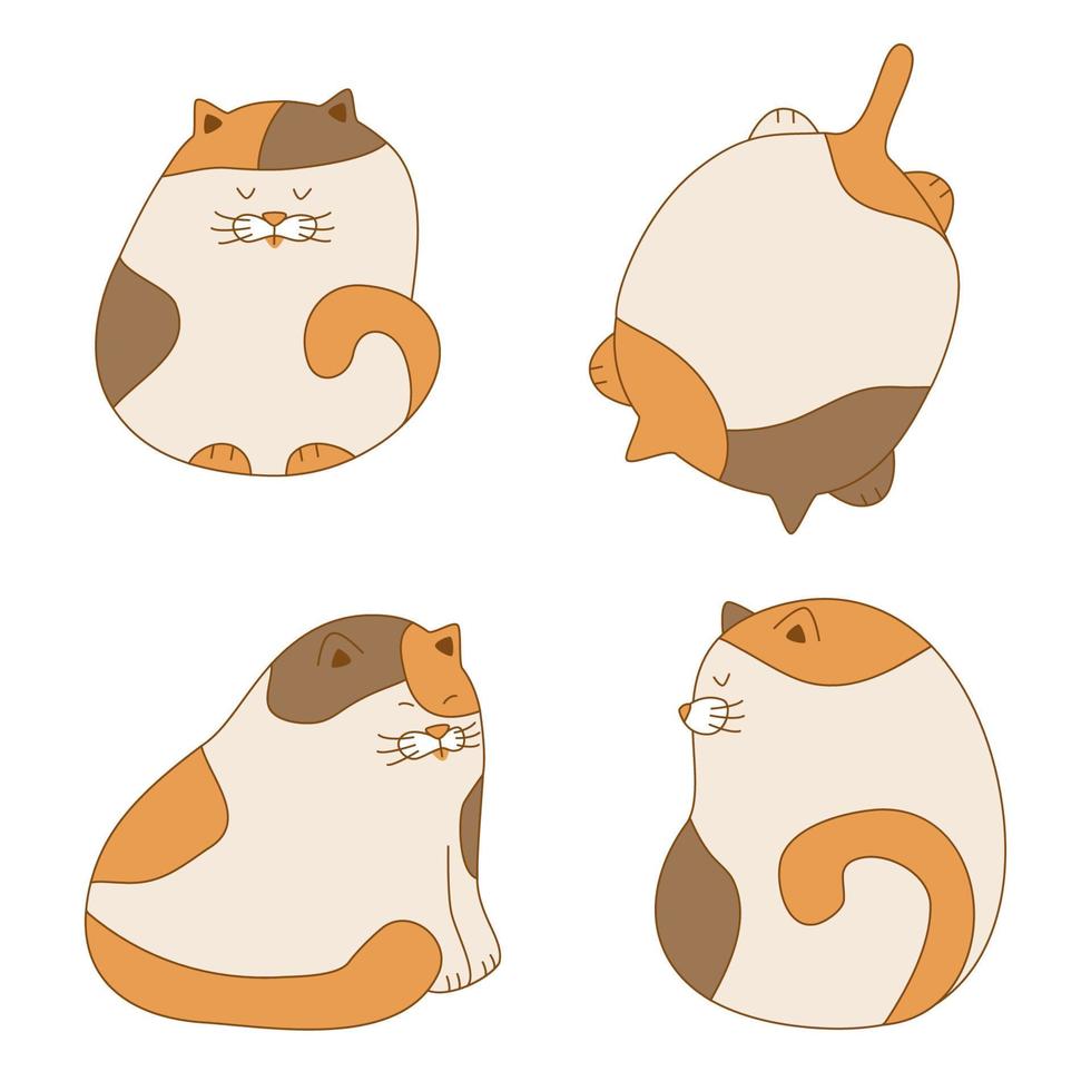 divertido juego de gatos regordetes. ilustración vectorial de lindos gatos dibujados a mano mienten y se sientan en la parte delantera y trasera. mascota del gatito aislada en blanco para el diseño de los niños de la tarjeta vector