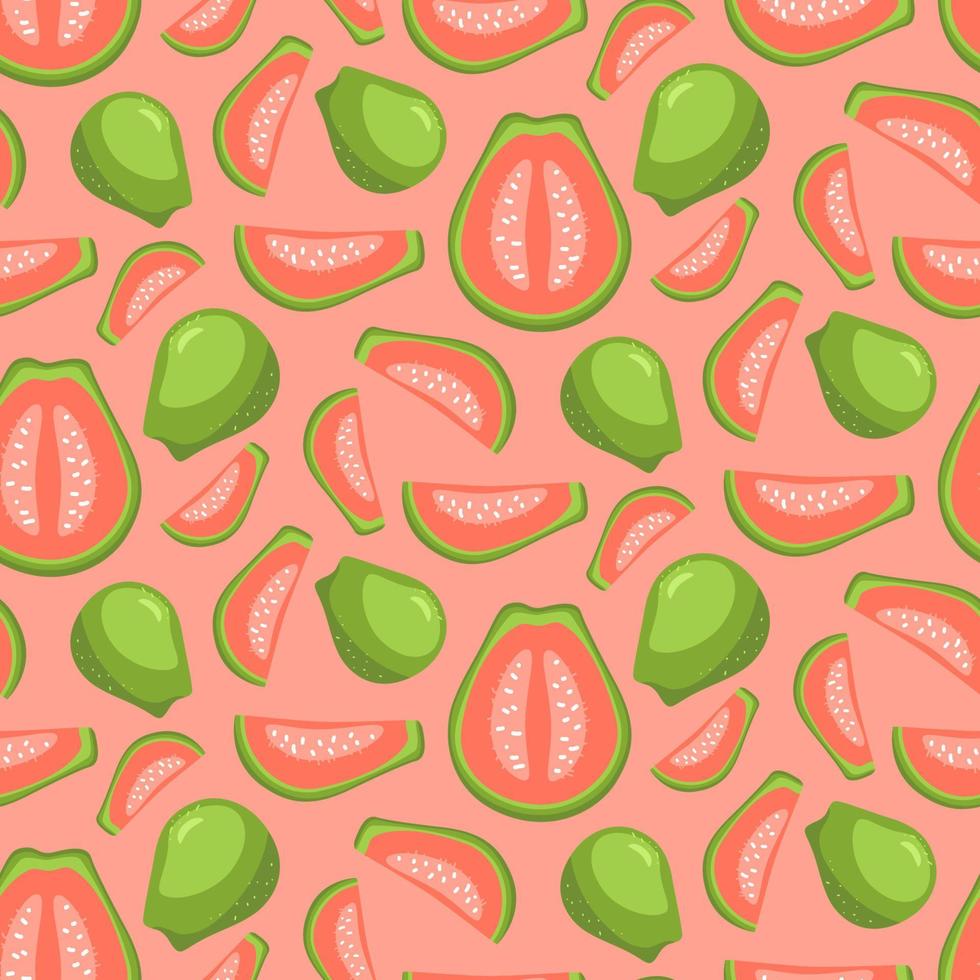 Guava whole and half sliced seamless pattern. Exotic tropical