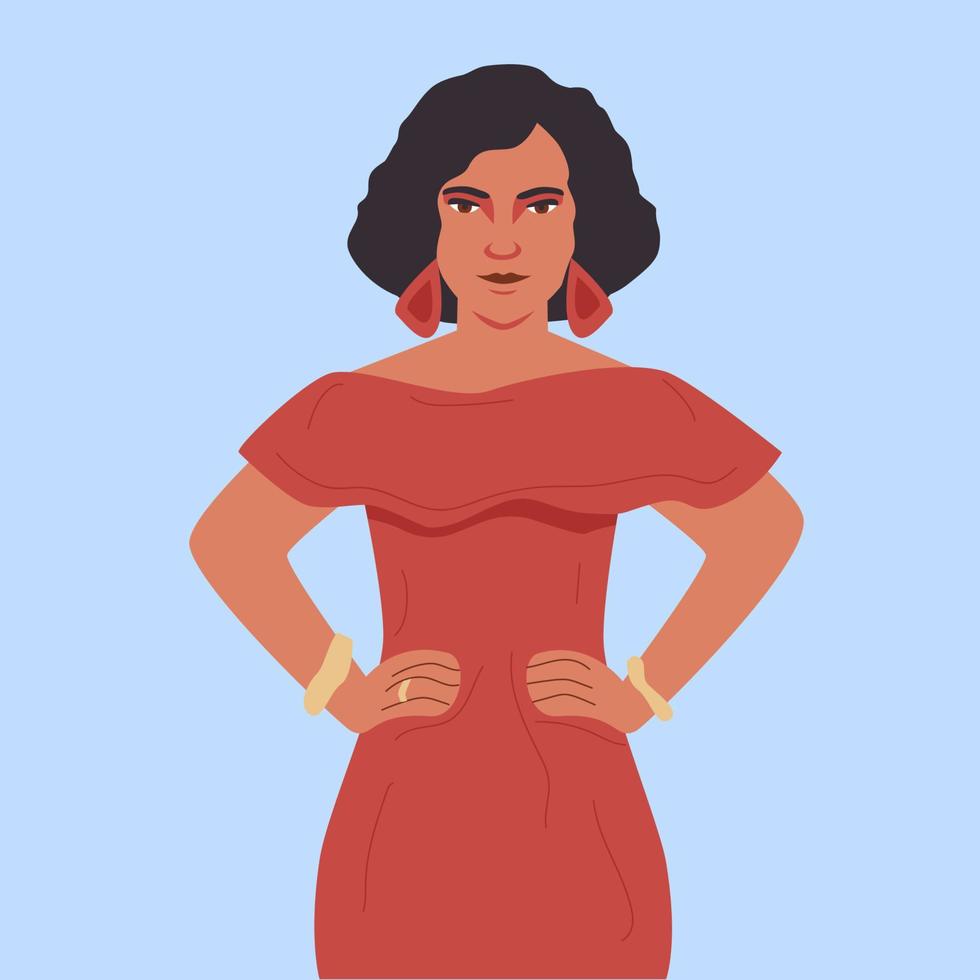 chica latinoamericana con icono de ornamentales. mujer española en vestido rojo. razas y nacionalidades del mundo. ilustración plana vectorial vector