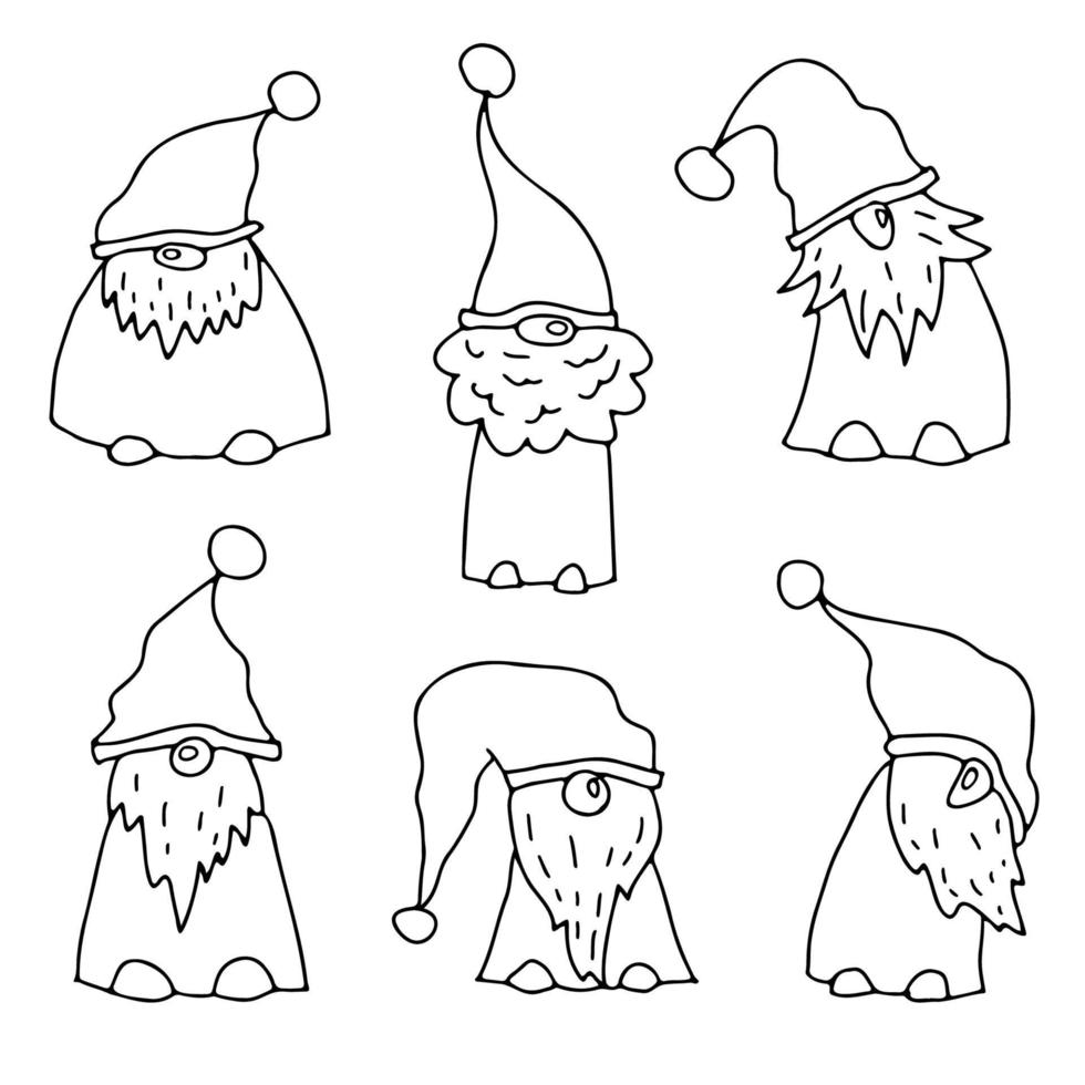 set of little gnomes silhouettes black ink hand drawn outline, simple minimalistic contour dwarfs in caps with beards vector illustration
