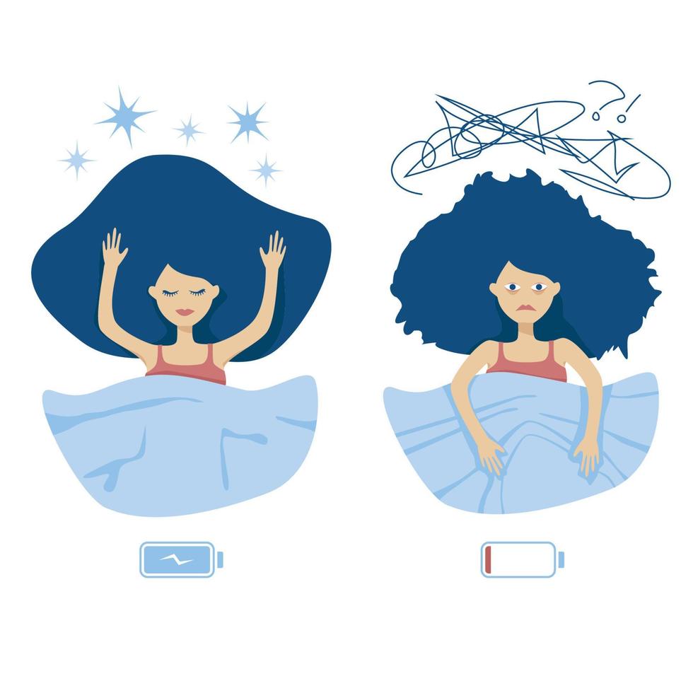 buen sueño e insomnio concepto de personaje de mujer. niña feliz con dulces sueños en la cama y dama insomne demacrada con problema de conciliar el sueño. ilustración de carga de batería completa y deficiente vector