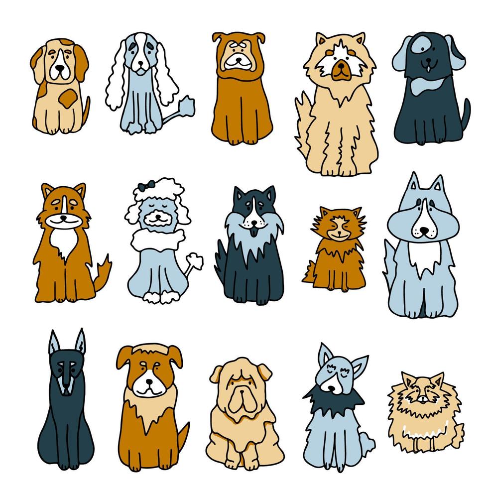 Set of hand drawn color doodle dogs on white background. Dog cute funny colorful sketch for tattoo, card, logo Vector illustration