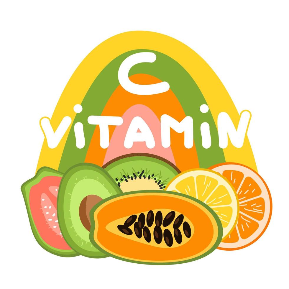 Vitamin C source concept. Fruits containing ascorbic acid with a letter on color rainbow background. Orange, lemon, kiwi, kakadu plum, guava, papaya. vector