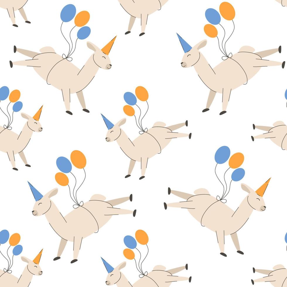 la llama de la fiesta de cumpleaños en una gorra vuela en globos sin costuras con divertidas lamas alpacas para cubrir, papel de envolver, ilustración vectorial de fondo vector