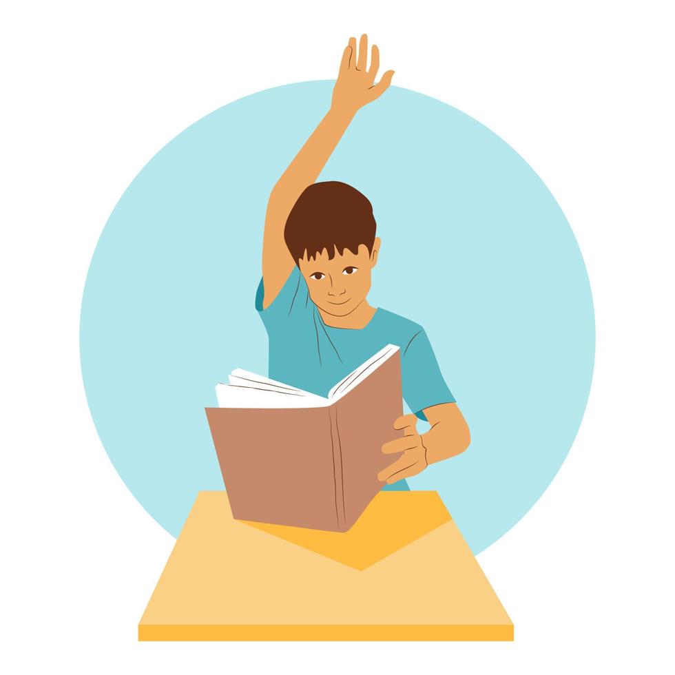 Young student sits at a desk and holds a book. School boy raises his hand up to give an answer. vector