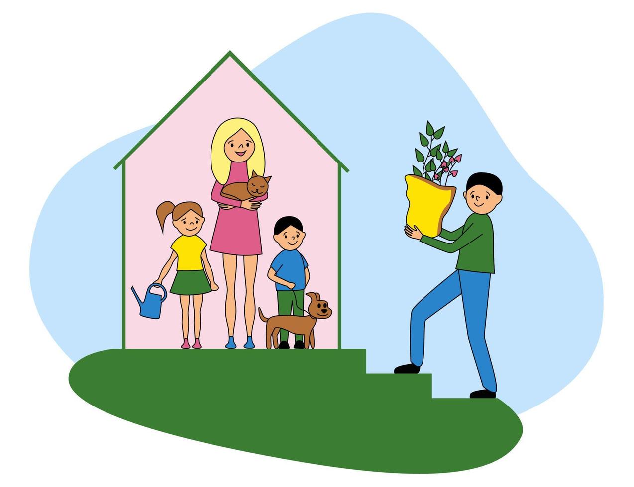 concepto de ilustración vectorial de familia ecológica. mamá con niños y mascotas se encuentra con papá en casa, el hombre viene con una planta joven en las manos, afiche para el cuidado del medio ambiente, vida lenta vector