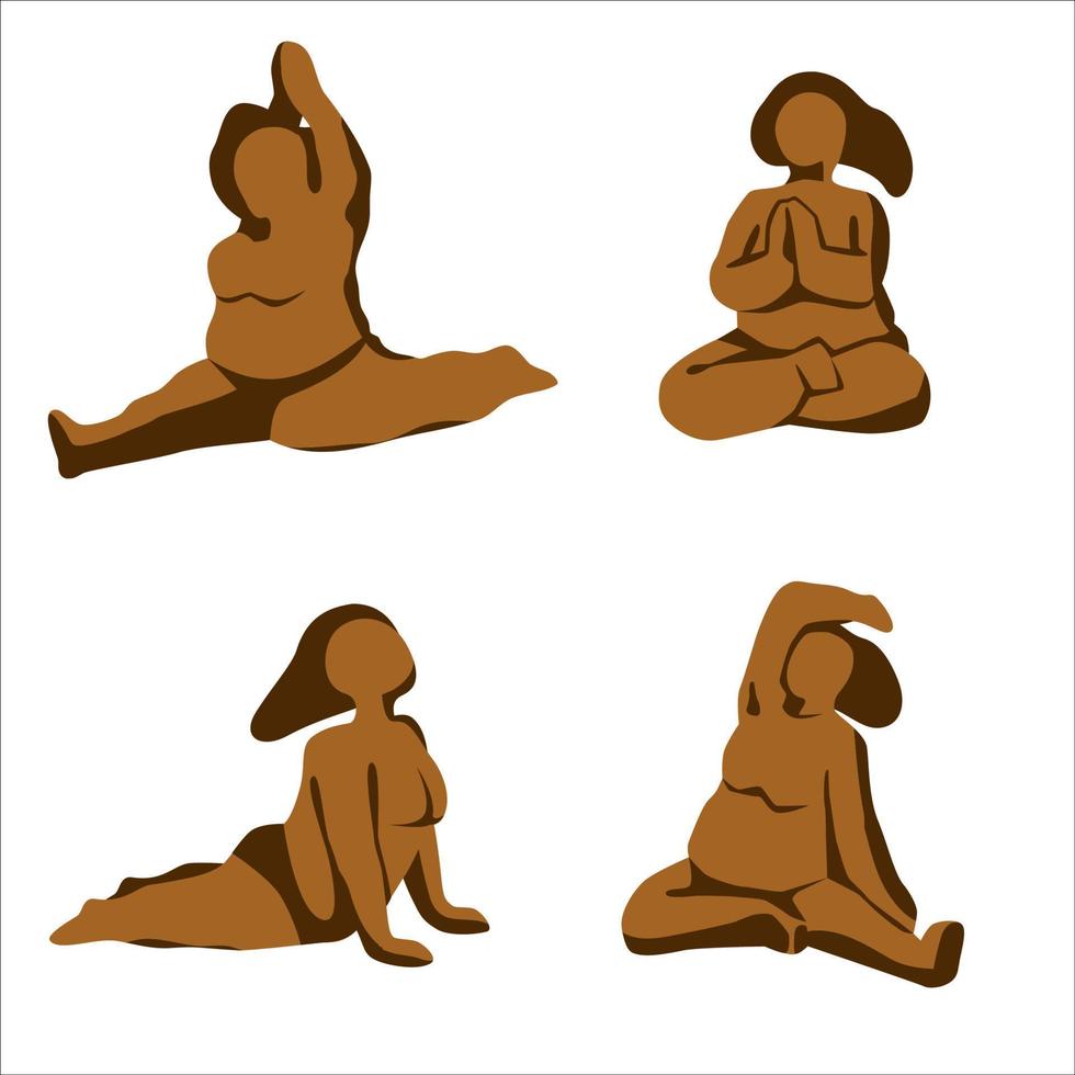Plus size fat abstract woman workout in yoga poses. Bodypositive lady icons set. Active overweight girl. Up dog svanasana, cobra, lotus, monkey hanumanasana yoga poses illustration vector
