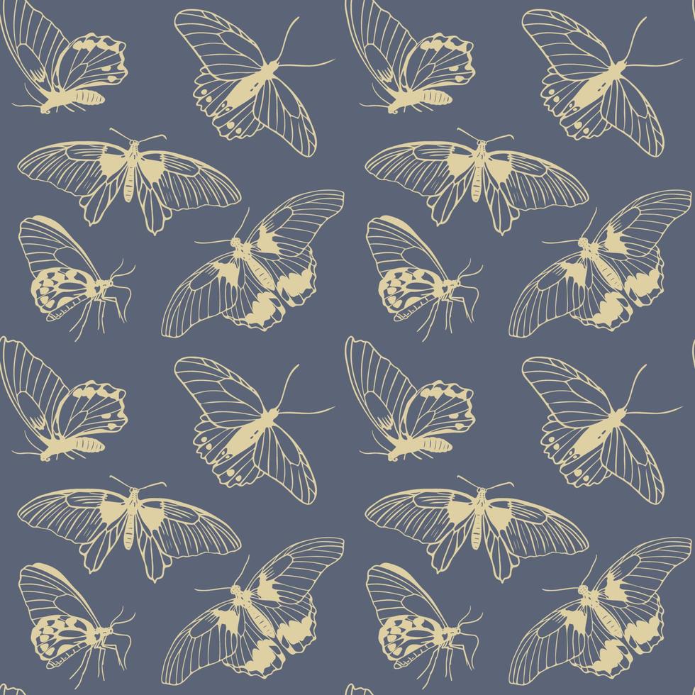 Butterflies seamless pattern, hand drawn sketch of front and side view butterfly on dark background vector illustration