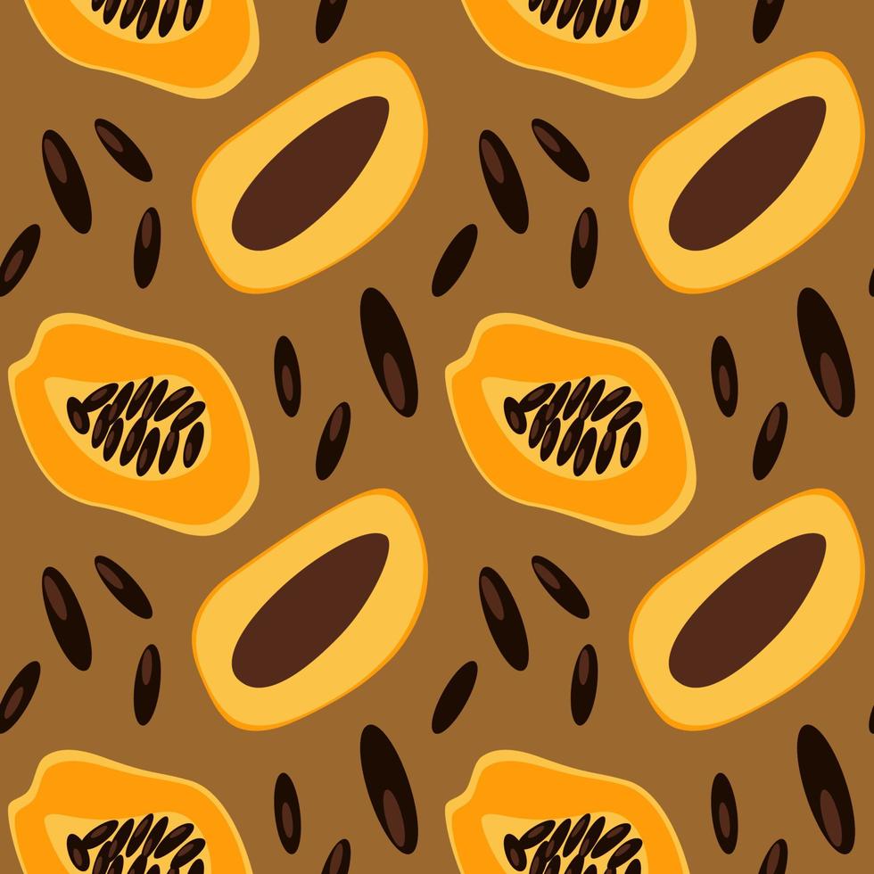 Papaya, mango and papya seeds seamless pattern. Exotic fruits half sliced background. Vector illustration for textile, cover