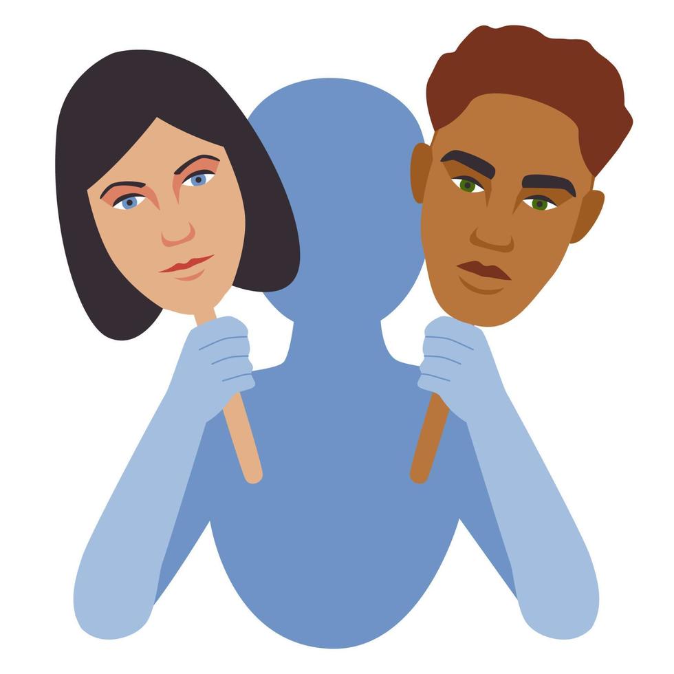 Man silhouette hold masks with two face woman and guy in hands choosing between two genders female and male or gender equality flat vector illustration
