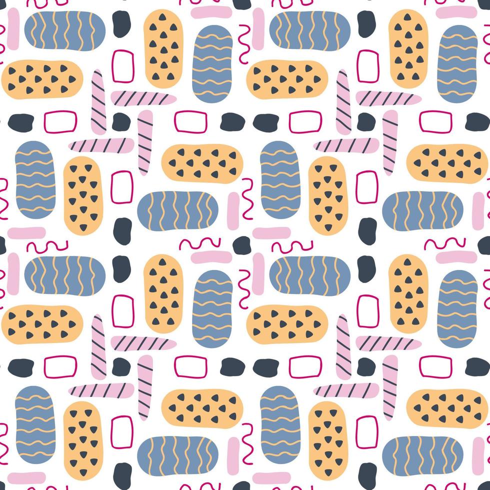 Abstract seamless patterns with hand drawn textured spots, curve lines and rectangle outlines in modern memphis style for textile, web, wrapping paper background vector illustration