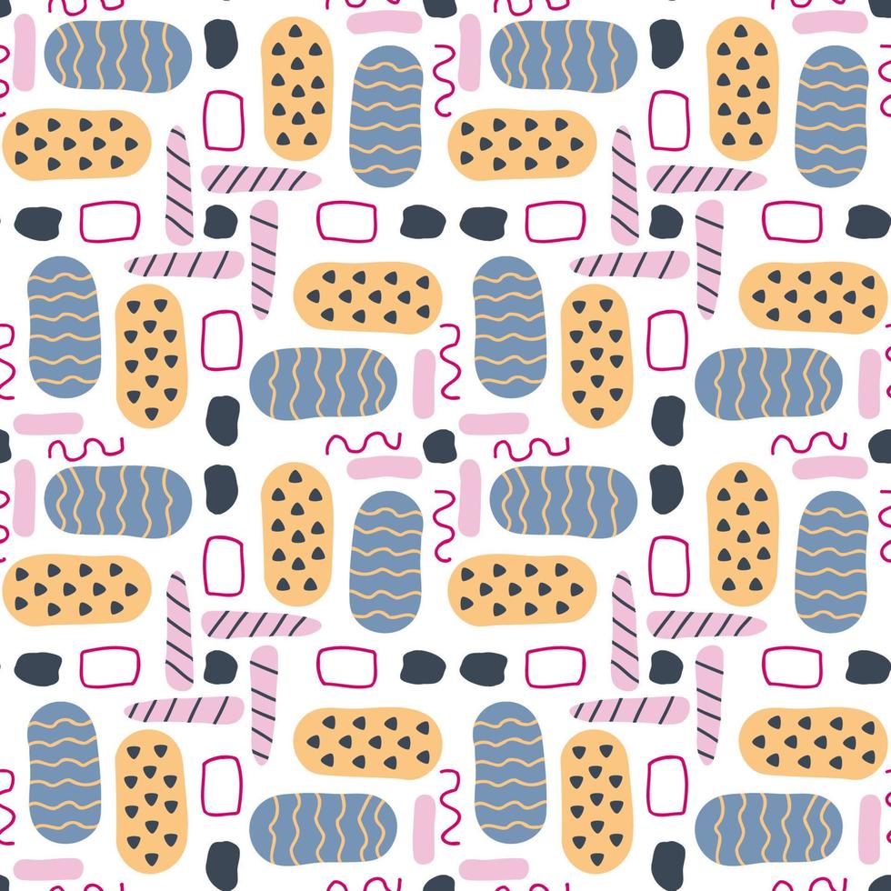 Abstract seamless patterns with hand drawn textured spots, curve lines and rectangle outlines in modern memphis style for textile, web, wrapping paper background vector illustration