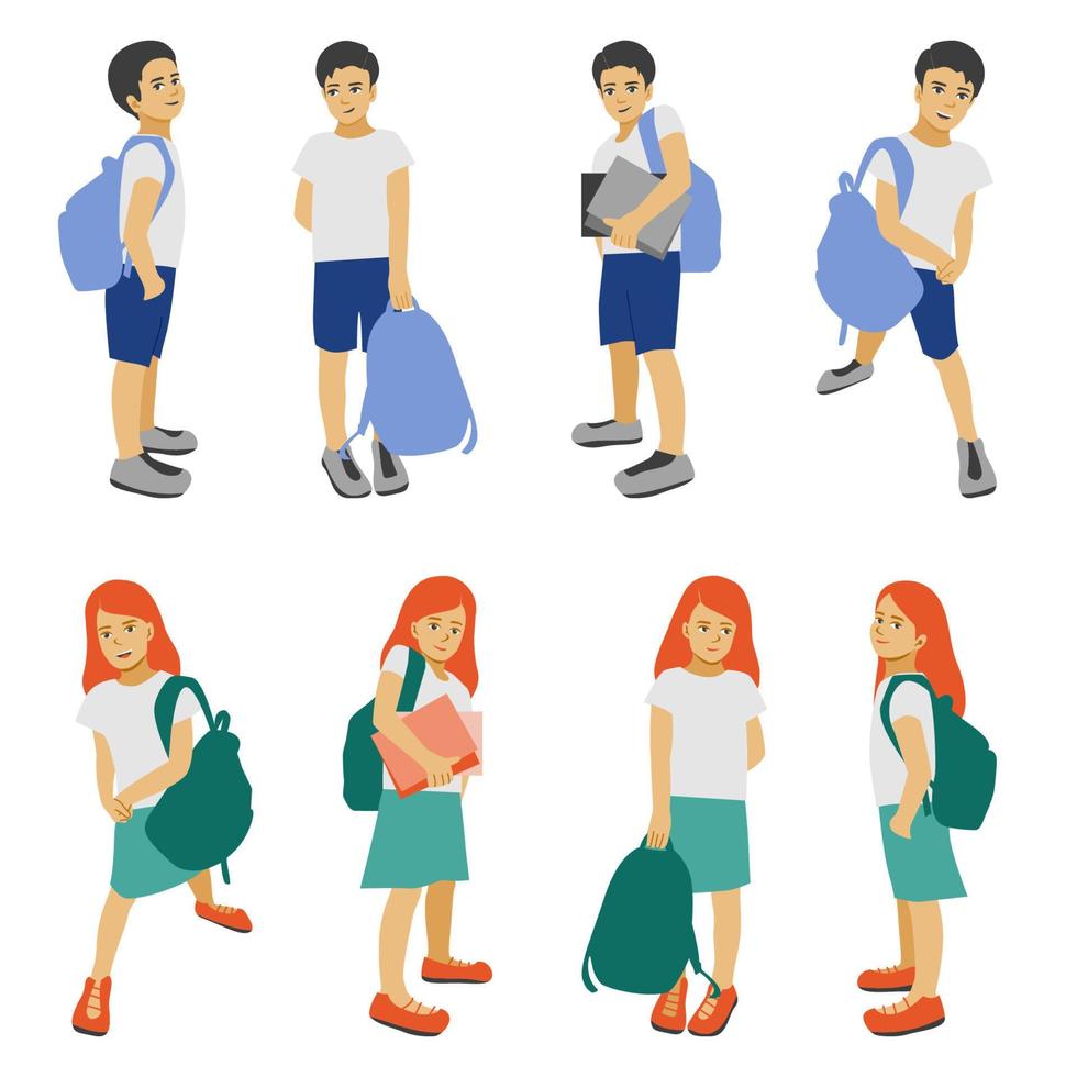 Back to school, children with schoolbags, schollboy kids isolated, pupils boys and girs in different poses with bags vector Illustration.