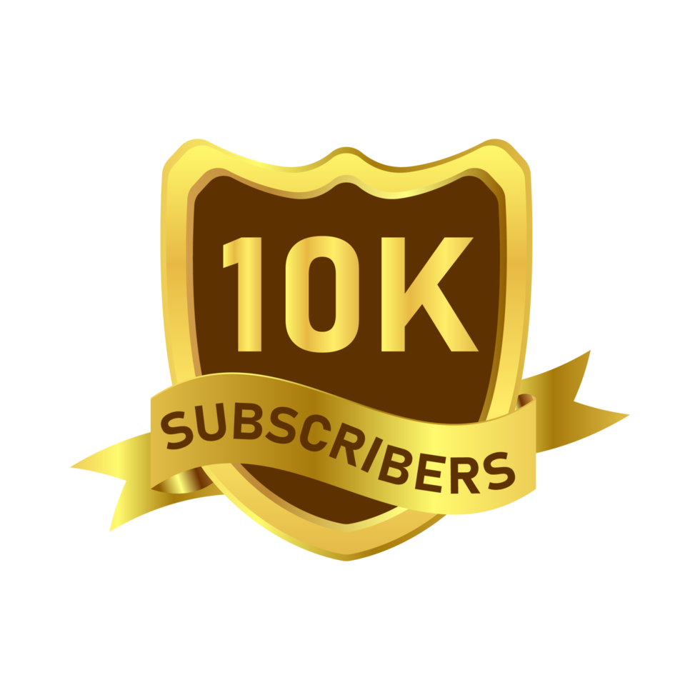 10K follower golden badge with ribbon. Thanksgiving for 10K followers PNG image. Luxurious golden color 10K follower badge celebration with a shield shape.