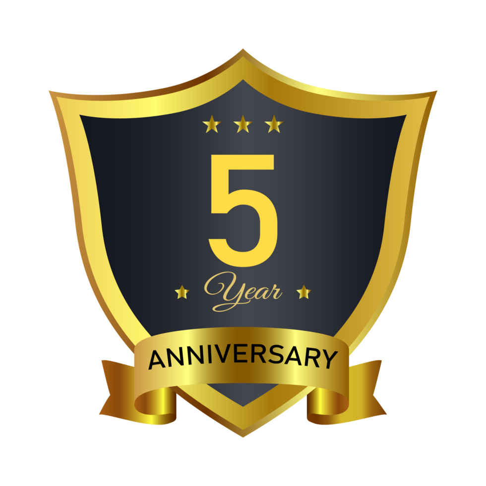 Anniversary badge PNG with golden color. Anniversary royal badge design with a shield shape. Golden and Black badge decoration with a ribbon on transparent background.