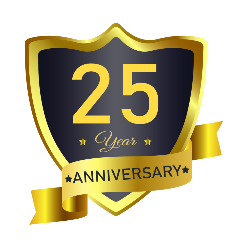 Anniversary badge design with golden color. Anniversary royal badge PNG with a shield shape. Golden and Black badge image with a ribbon on a transparent background.