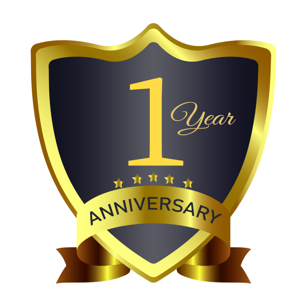 One years anniversary badge design with golden and dark colors. Anniversary royal badge PNG with a shield shape and stars. Gold and Black badge design with a ribbon on a transparent background.