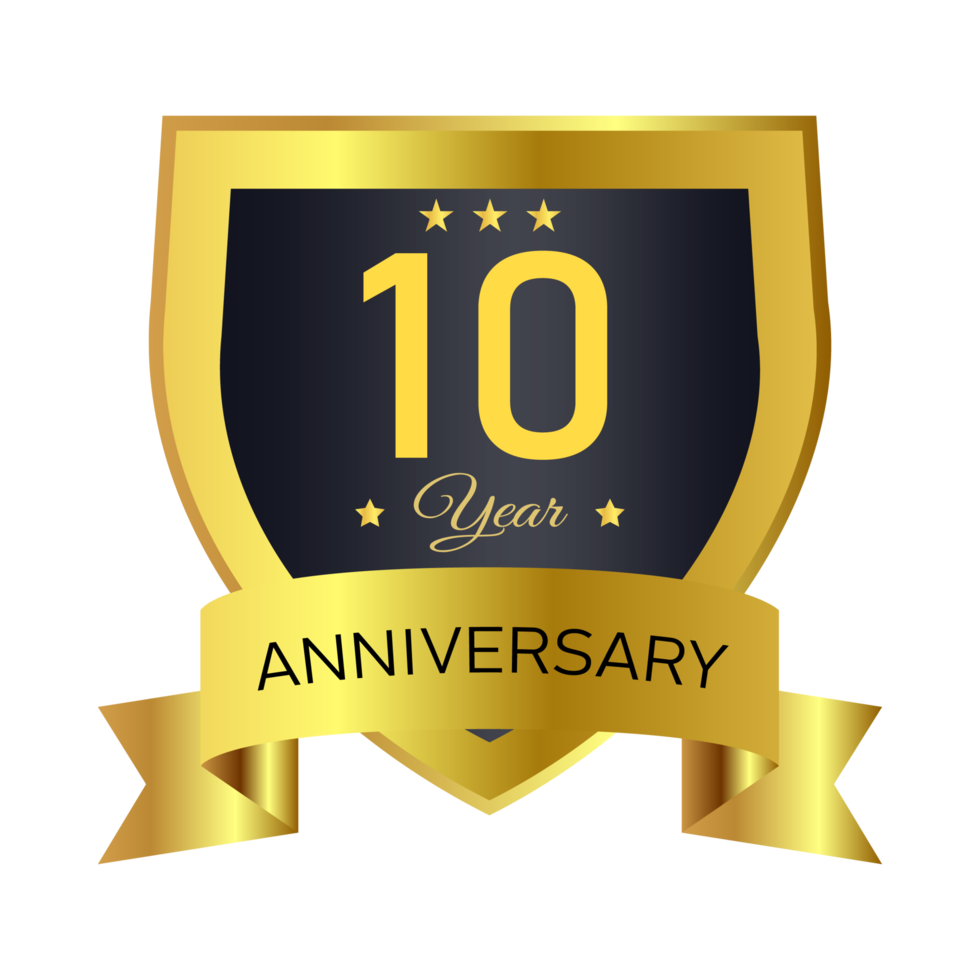 Anniversary royal badge PNG with a shield shape. Anniversary badge design with golden color. Golden and Black badge PNG with a ribbon on a transparent background.