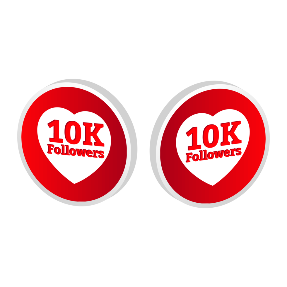10K follower 3D badge collection. Social media 3D follower button collection with red color. 10K follower celebration badge PNG for social media posts.