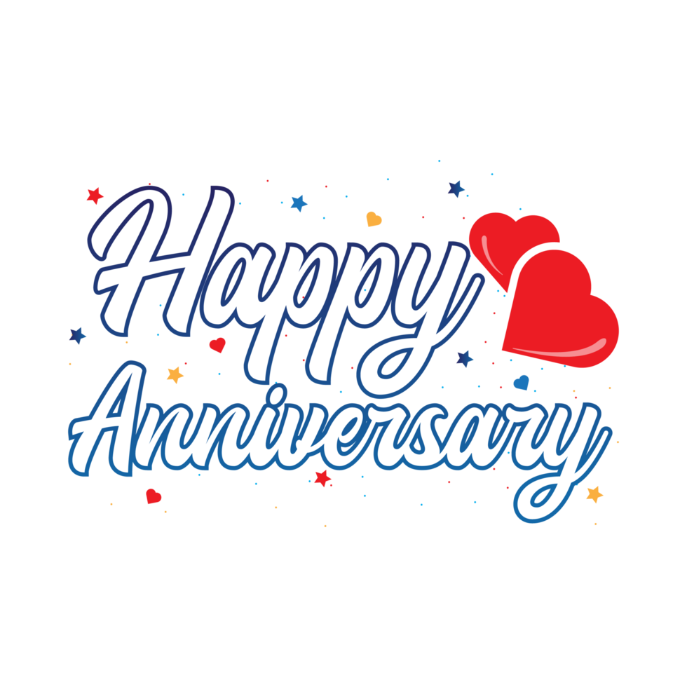 Happy anniversary calligraphy design PNG. Happy anniversary calligraphy with blue color shade. Anniversary element PNG with red love shape on a transparent background.