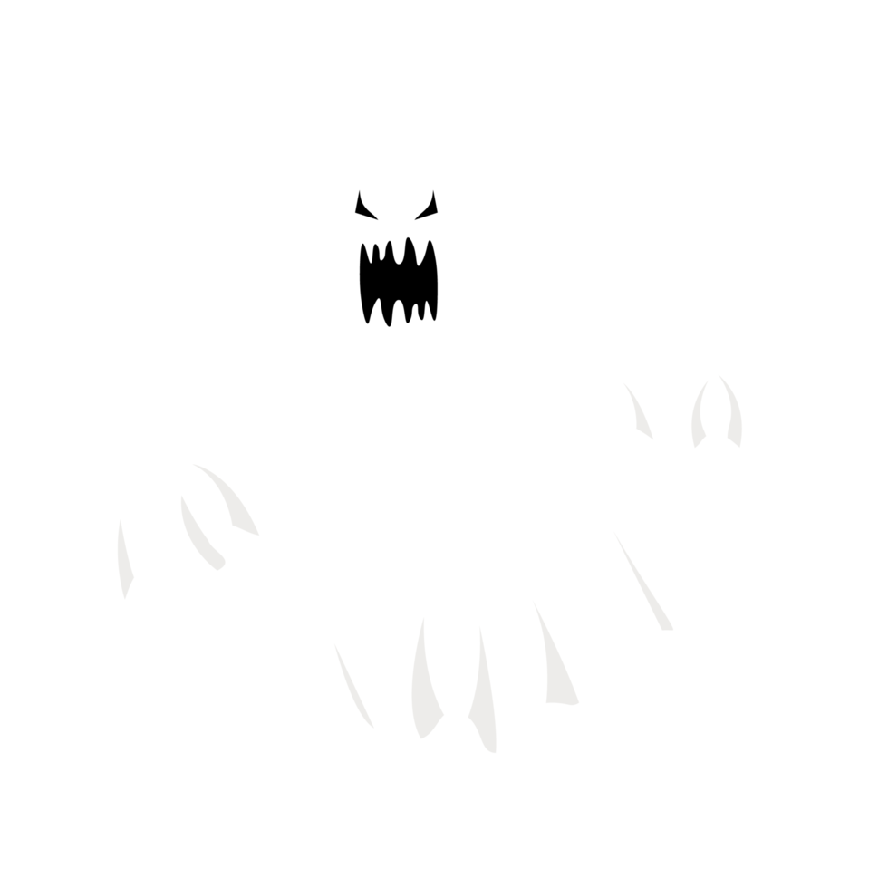 Halloween scary white ghost design with an evil face on a transparent background. Ghost with abstract shapes. Halloween white ghost party element image. Ghost PNG with evil face.