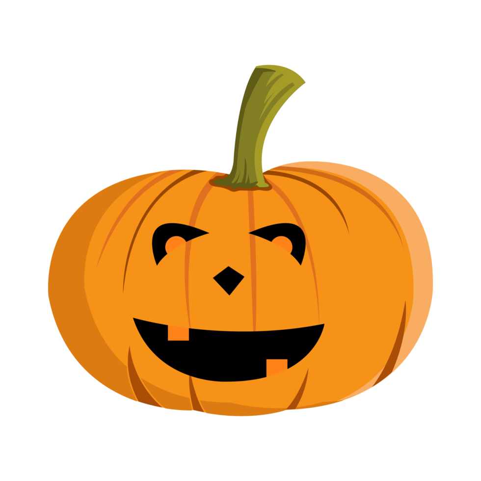 Pumpkin PNG image with scary eyes for Halloween event with orange and green colors. Pumpkin lantern image with a smiling face on a transparent background.