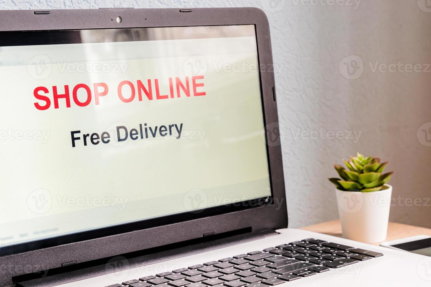 E-commerce concept. Caucasian woman shop online from her home using bank card for payment. Free delivery. photo