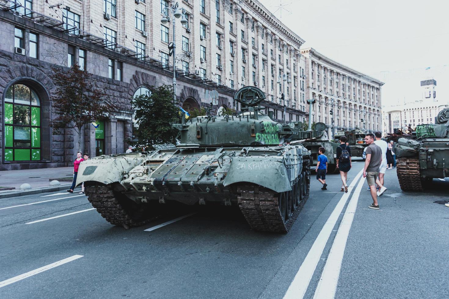 Kyiv, Ukraine, 23 August 2022. Parade of destroyed military equipment of the russian troops on the Khreshchatyk photo